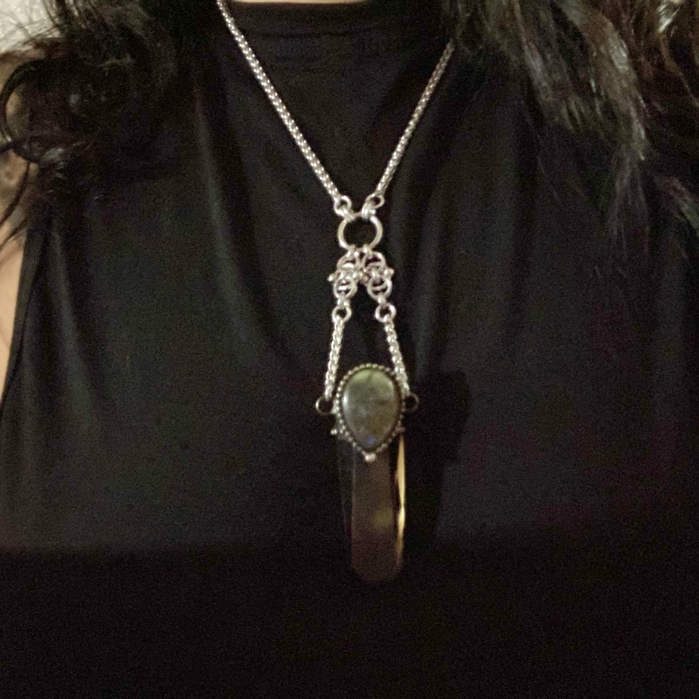 labradorite & Smokey crystal quartz maille stainless steel boho goth necklace - Picture 9 of 15
